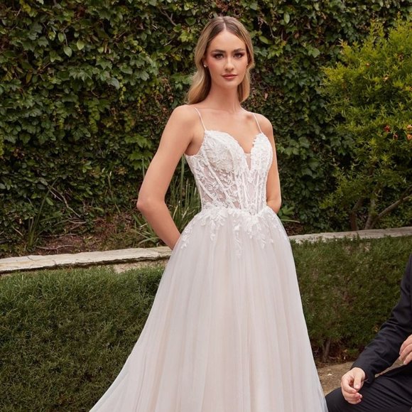 NEW LONG OFF THE SHOULDER WEDDING A-LINE TULLE GOWN EMBROIDERED WITH LACE CD854W